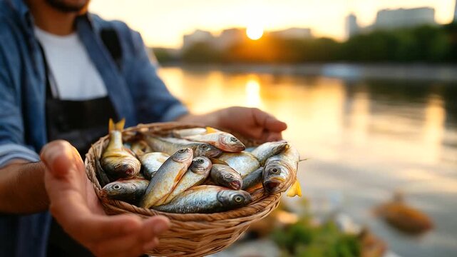 Faceless fishermen sorting river fish catch at dusk, evening fishing operations, twilight atmosphere, hands working with freshwater harvest, defocused riverbank background, with co