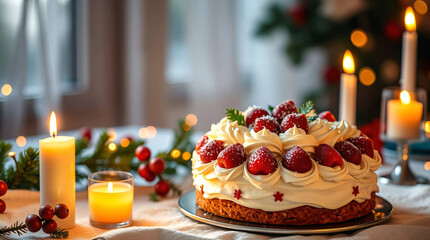Soft dreamy atmosphere, warm candle lights, a beautifully decorated Christmas cake with white cream