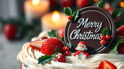 Christmas cake with white cream swirls, strawberries, and festive decorations