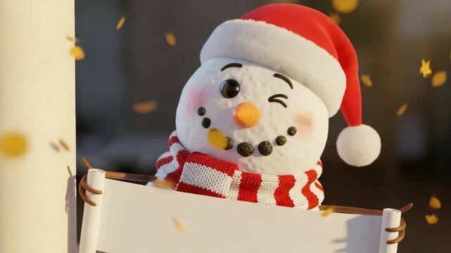 Cute winking snowman wearing a santa hat and striped scarf. He holds an empty scroll banner for your festive message. Ideal for holiday greetings and winter promotions