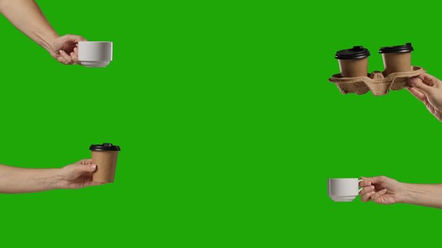 4-in-1 collage of a woman hands holding a porcelain cup and paper cups with coffee on a green chromakey background