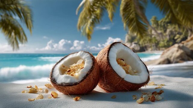 Tropical Delight: Two halves of a fresh coconut rest on a sun-kissed sandy beach, overlooking the sparkling turquoise sea with palm trees in the background, a tropical dream.