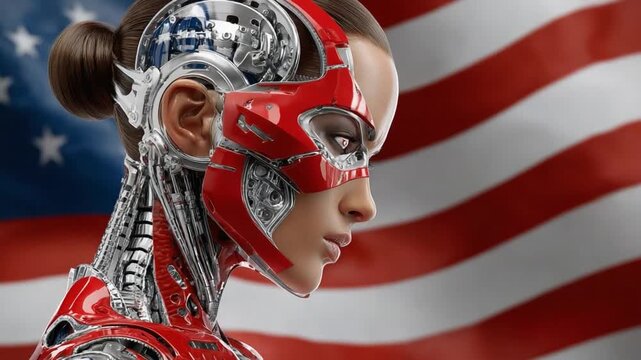 Cyborg Patriot: A futuristic cyborg, with a blend of human and robotic features, stands proud against the backdrop of an american flag, representing a fusion of technology and national identity. 