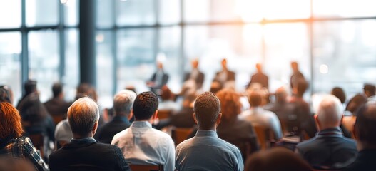 Business experts give presentation to audience in modern conference hall. Attendees listen attentively to speakers on stage. Blurred background suggests large room with windows urban view. Likely