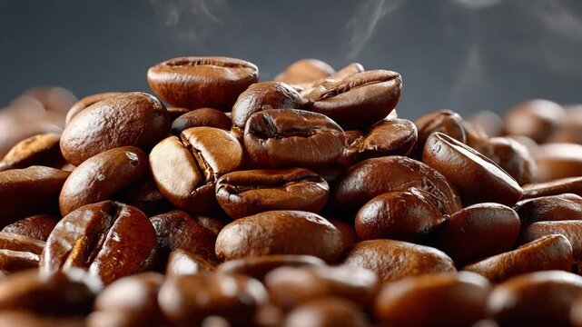 Aromatic Coffee Beans: A close-up view captures a pile of rich, roasted coffee beans, some still emitting subtle wisps of steam. The scene is an invitation to the sensory pleasures of a perfect cup.