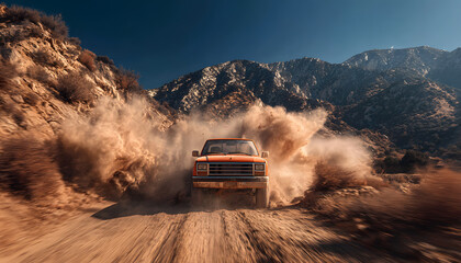 Orange pickup truck drives fast on rough dirt road kicking up brown mud spray. Rugged mountain terrain, dry rocky landscape create dusty motion blur effect. Adventure driving on challenging offroad