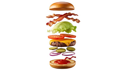 A delicious sandwich and burger meal with fresh vegetables, tomato, cheese, and bread isolated