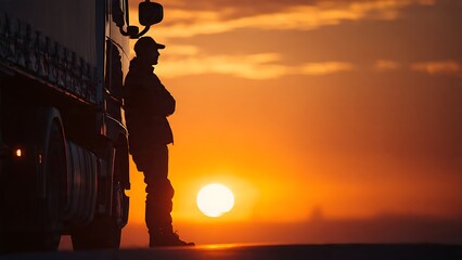 Truck Driver Leaning Against Vehicle at Sunset with Stunning Horizon View