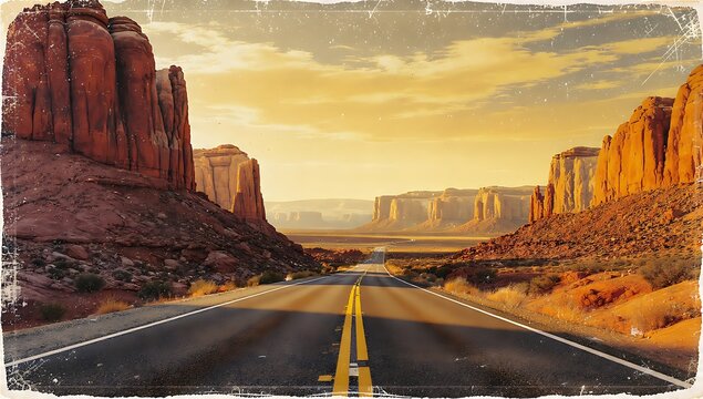Vintage Postcard of Desert Landscape Road with Majestic Rock Formations