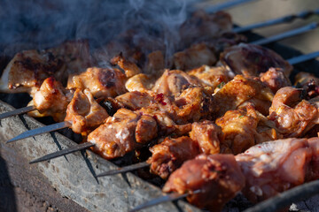 Chicken shashlik is cooked on the grill