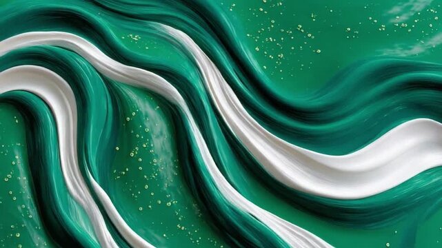 Flowing Emerald Fabric: An elegant display of smooth emerald and white fabric forming a graceful wave pattern, demonstrating fluid movement and rich texture.