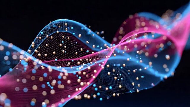 Digital Waves of Data: An abstract representation of flowing data, with vibrant blue and pink waves intertwining, enhanced with scattered particles, set against a dark background.