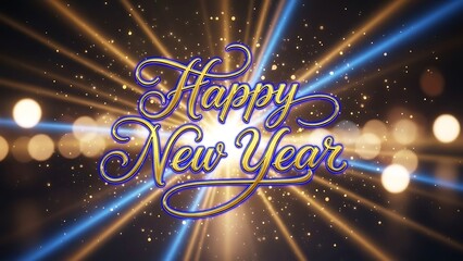 Happy New Year text with a bright, celebratory background of light streaks and bokeh.
