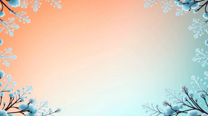 Low angle perspective warm terracotta cool teal, soft snowy gradient top to bottom, delicate snowflakes frame edges