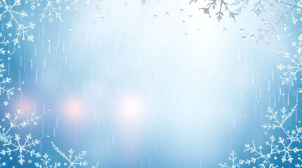 Wet rainy scene iridescent colors, soft snowy gradient top to bottom, delicate snowflakes frame edges, clean middle for text