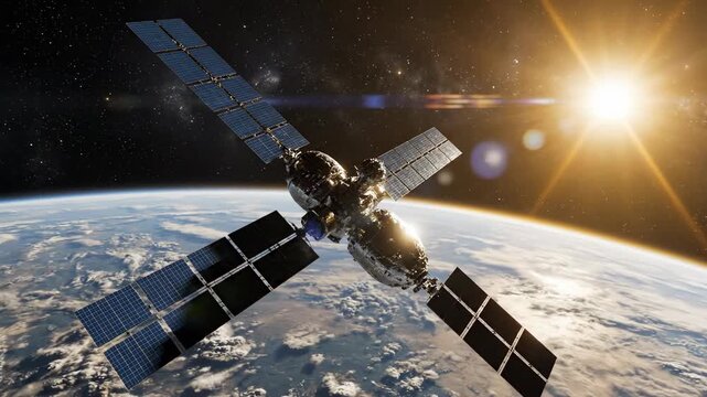 An isolated satellite with an electric guitar neck orbits Earth in black space, blending musical strings with acoustic technology to create a rock sound across the galaxy