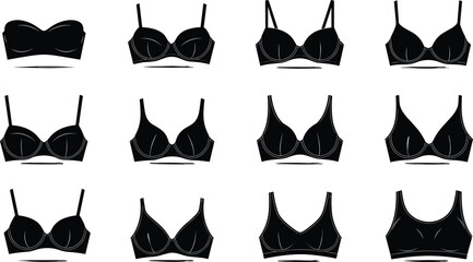 Vector silhouette collection of diverse women's handbags, purses, satchels, and clutch bags, illustrating fashion, shopping, accessories, style, and luxury concepts.