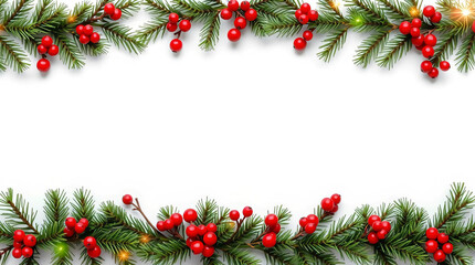 A minimalist Christmas banner, white background, green pine branches and red berries frame