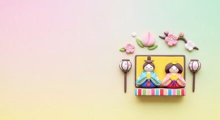 Obraz premium ひな祭りの雛人形と桃の花のかわいいクレイアート背景