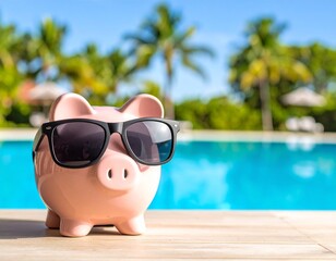 Sun-Kissed Savings: A cheerful piggy bank, adorned with stylish sunglasses, lounges by the inviting azure of a swimming pool. The image captures the essence of financial freedom and vacation goals.