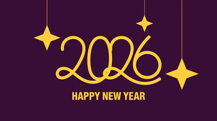 2026 happy new year elegant golden typography with hanging star ornaments and festive celebration style on deep purple background © Mushtaq