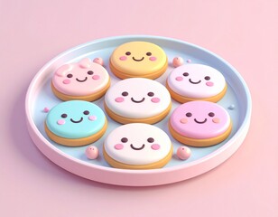 Smiling Delights: Seven smiling macaron pastries are arranged on a plate, radiating happiness with their cheerful expressions, sweet treats in the image.