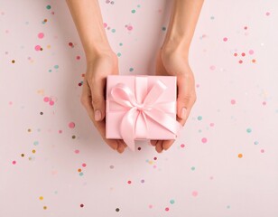 Gift of Affection: Gentle hands cradle a delicate pink gift box adorned with a satin ribbon, symbolizing love, appreciation, and the giving of heartfelt presents.