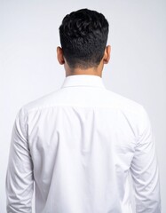 Anonymous Perspective: A man in a pristine white shirt stands with his back to the camera, showcasing simple elegance and professional attire. It's a focus on clean lines and understated confidence.