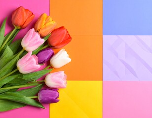 Colorful Tulips: A vibrant bouquet of tulips on a backdrop of layered colored shapes, displaying the exquisite beauty of spring blossoms.