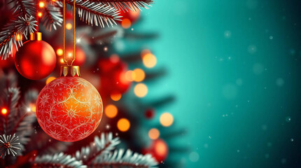 Red and gold palette with sparkling ornaments, soft glowing lights, and a background Christmas tree