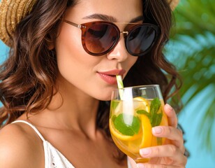 Summer sippin' in style: A stunning person enjoys a refreshing beverage on a bright day, embodying the essence of summer relaxation.