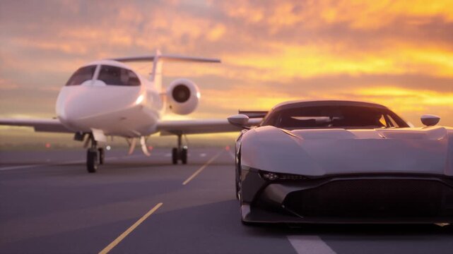 Luxury Sports Car and Private Jet on Airport Tarmac at Sunset, Wealth, Business Travel, and High Class Lifestyle