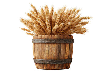 A bundle of golden wheat stalks overflows a rustic wooden barrel, isolated on a black background