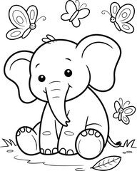 Adorable cartoon baby elephant sitting with butterflies, black and white line art cute animal