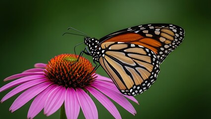 Fototapeta premium Monarch Butterfly on Purple Coneflower with Green Blurred Background