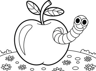 Cartoon worm emerging from a large apple on a grassy field with flowers, black and white line art caterpillar