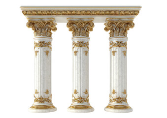Obraz premium Three ornate, white and gold Ionic columns against a transparent background