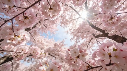 Obraz premium Cherry blossom tunnel with sunlight in spring