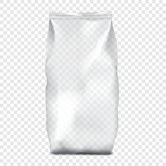 Clear plastic poly bag. Realistic vector mockup. Blank empty fin seal polythene pouch. 3d mock-up. Transparent glossy cellophane package. Template for design
