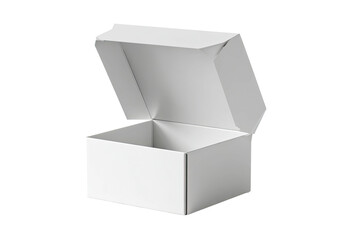 Open, empty rectangular white box with a hinged lid on a black background