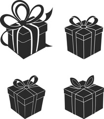 Four black and white gift boxes with ribbons and bows
