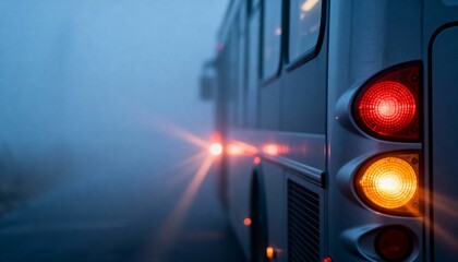 City bus parked on foggy road with illuminated brake lights  