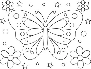 Outline drawing of a butterfly surrounded by flowers stars and circles for coloring insect illustration © what's a beautiful