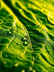 Veined emerald tapestry, dew kissed and illuminated Glossy surface refracts light ,  design,  botanical