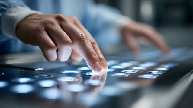 Close-up of technician hands pressing backlit buttons on X-ray control console with clean clinical lighting