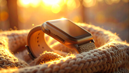 Smartwatch Amidst Sunlight: A contemporary smartwatch rests gently on a cozy fabric, bathed in warm sunlight, portraying a blend of technology and comfort.