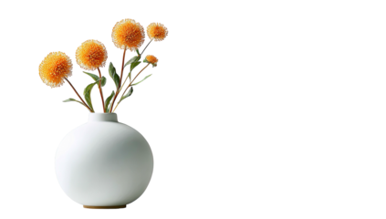 A white vase holding spherical orange flowers with green stems against a black background