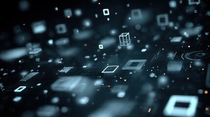 Obraz premium A conceptual image of abstract computing technology, featuring floating data, algorithmic patterns, and geometric shapes representing the digital world.