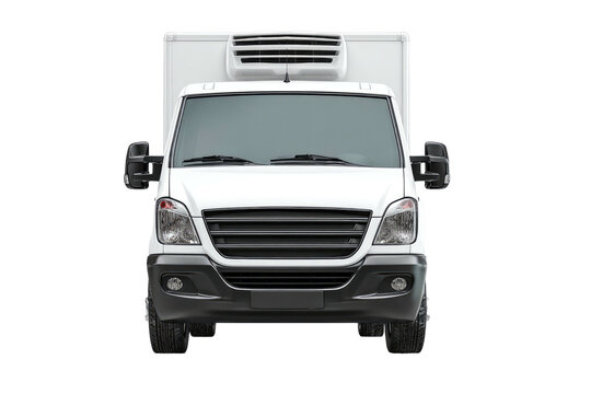 Front view of a white refrigerated cargo van against a dark background, showing details