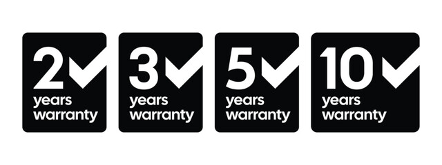 Warranty Badge Icon Set &ndash; 2 3 5 10 Years Guarantee &ndash; Black and White Vector Stock Image